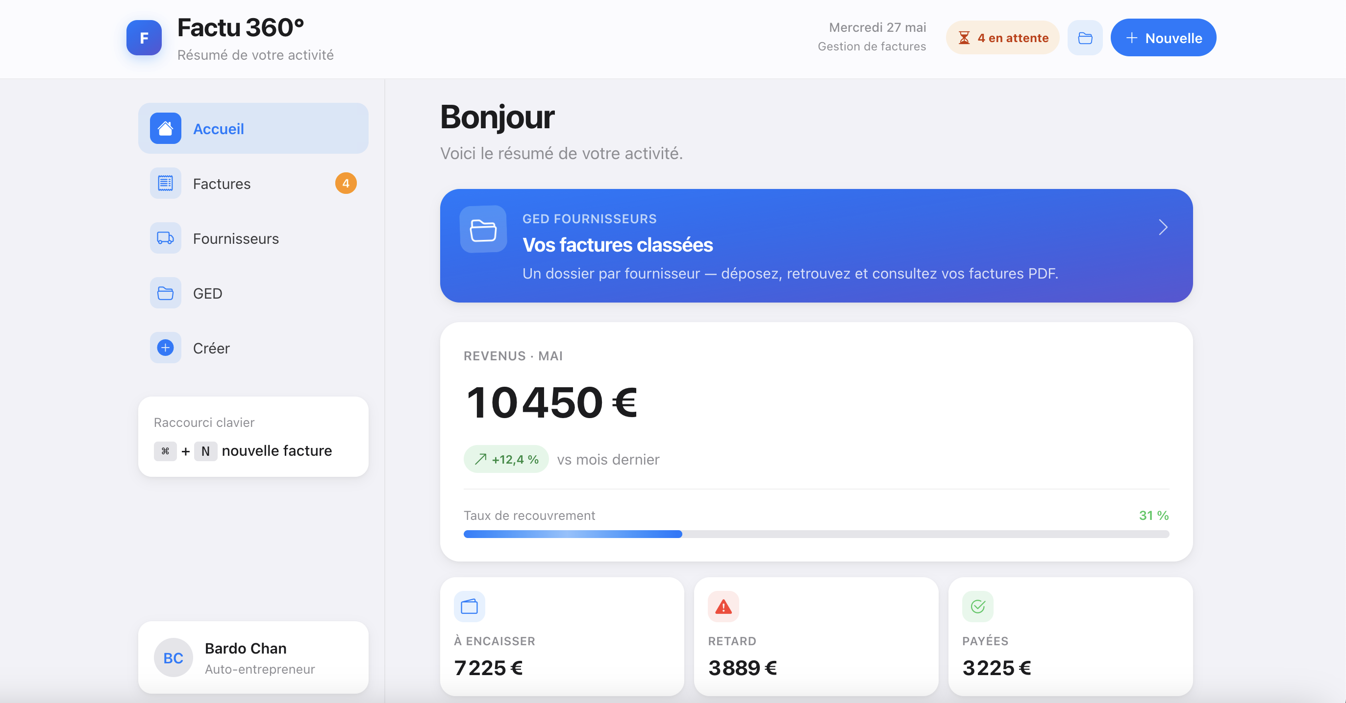 Interface Factu360 affichant les factures, devis, fournisseurs et indicateurs de paiement